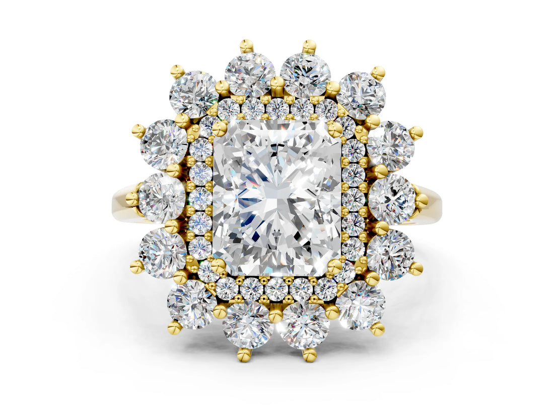 Yellow gold Radiant Cut Diamond Floral Double Halo Engagement Ring with Prong Setting_41
