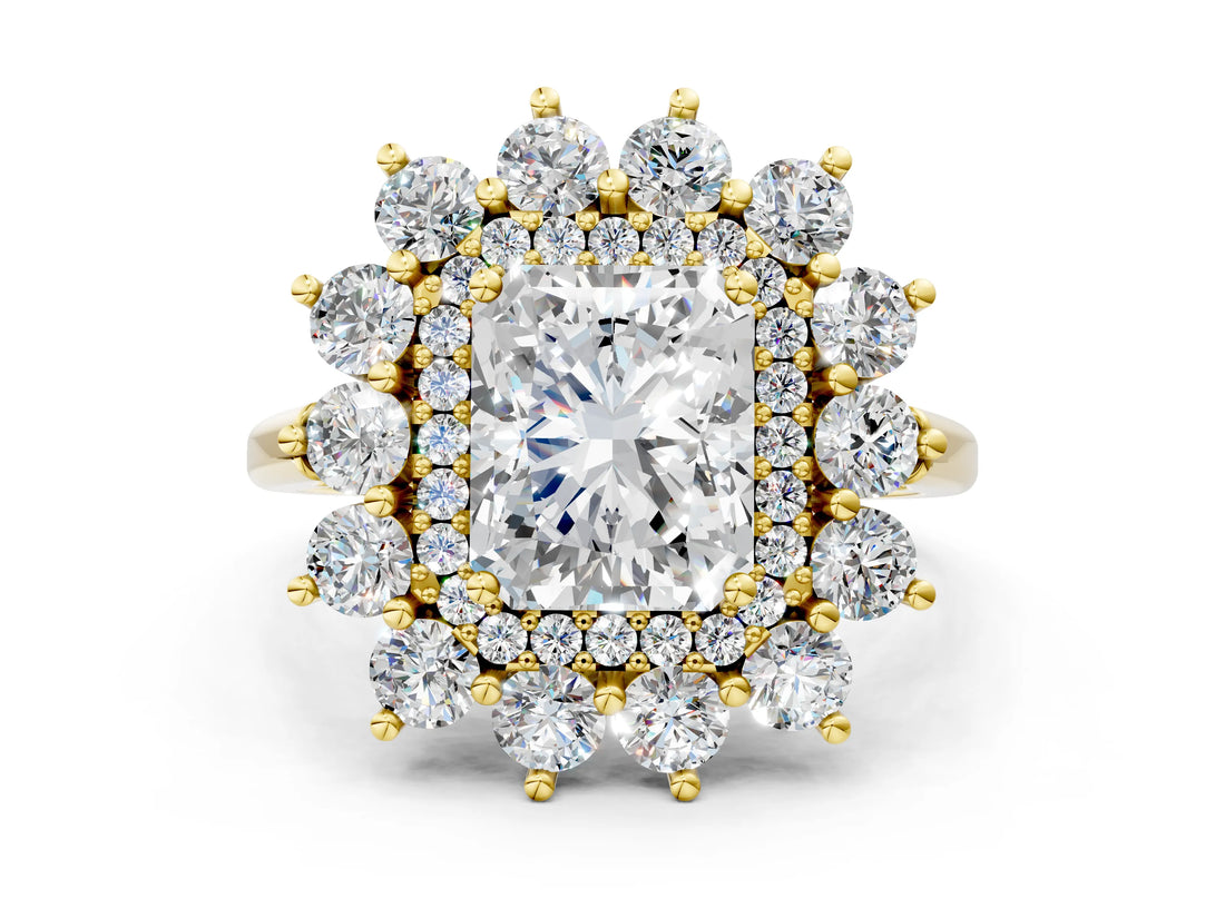 Yellow gold Radiant Cut Diamond Floral Double Halo Engagement Ring with Prong Setting_77