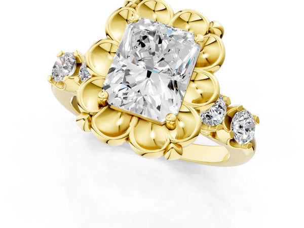 Yellow gold Radiant Cut Diamond Floral Halo Engagement Ring with Shared Prong Setting