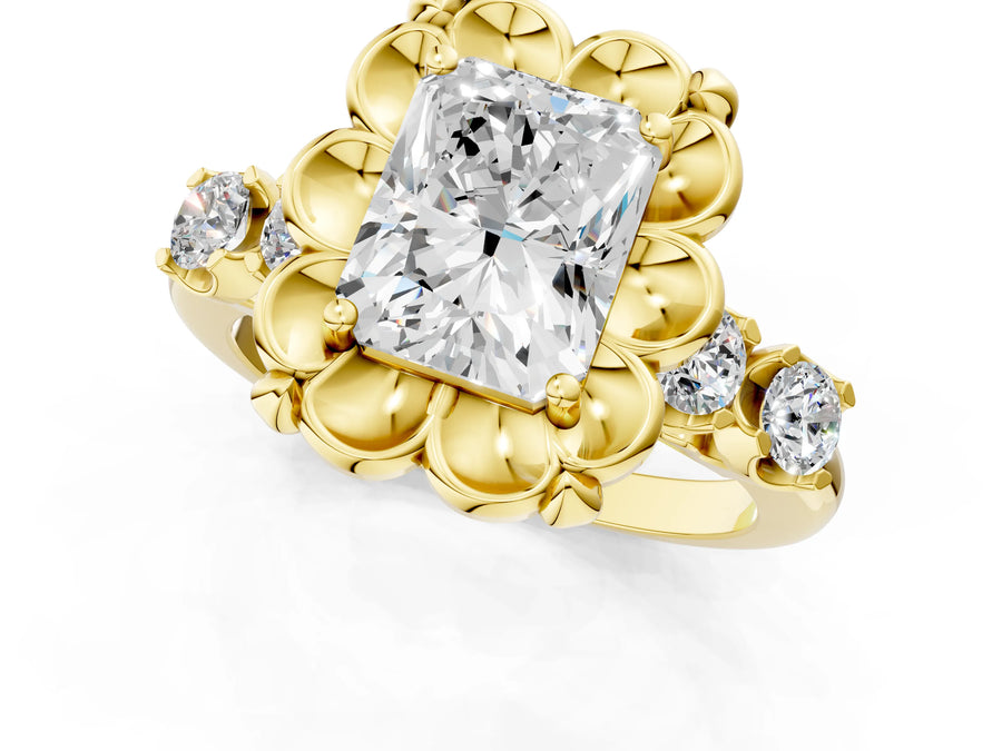 Yellow gold Radiant Cut Diamond Floral Halo Engagement Ring with Shared Prong Setting