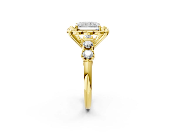 Yellow gold Radiant Cut Diamond Floral Halo Engagement Ring with Shared Prong Setting