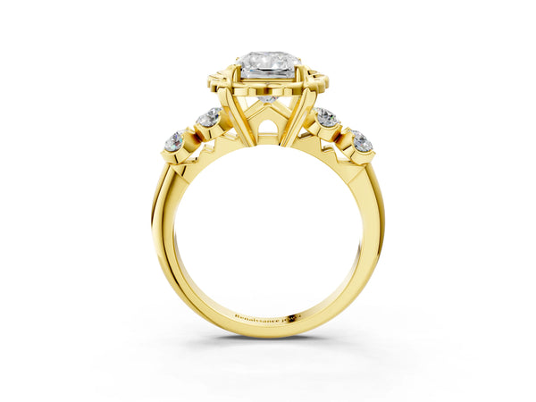 Yellow gold Radiant Cut Diamond Floral Halo Engagement Ring with Shared Prong Setting