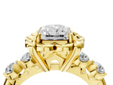 Yellow gold Radiant Cut Diamond Floral Halo Engagement Ring with Shared Prong Setting