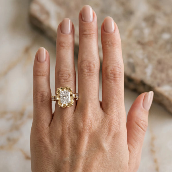 Yellow gold Radiant Cut Diamond Floral Halo Engagement Ring with Shared Prong Setting