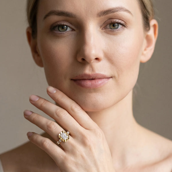 Yellow gold Radiant Cut Diamond Floral Halo Engagement Ring with Shared Prong Setting