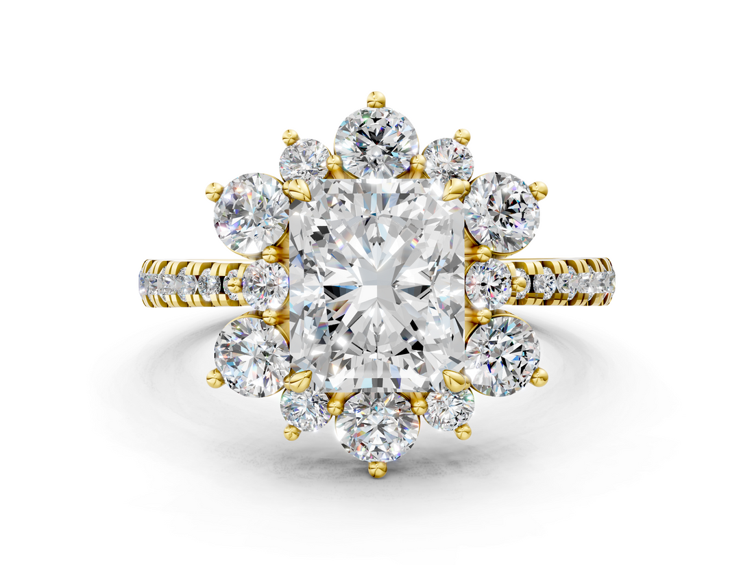 Yellow gold Radiant Cut Diamond Floral Halo Pave Band with Prong Setting_37