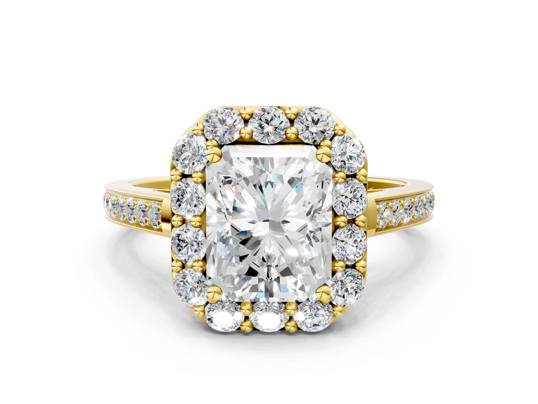 Yellow gold Radiant Cut Diamond Floral Halo Ring with Pavé Band and Prong Setting_3