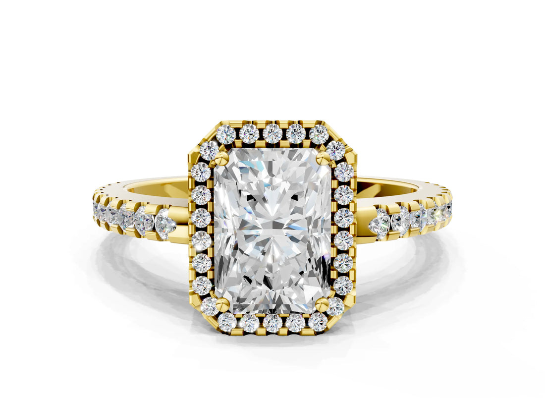 Yellow gold Radiant Cut Diamond Halo Engagement Ring with Pavé Band and Prong Setting_27