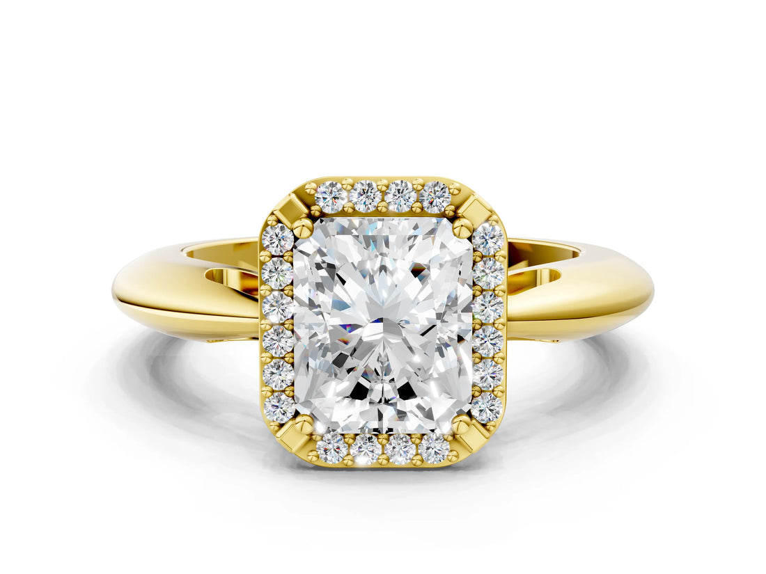 Yellow gold Radiant Cut Diamond Halo Engagement Ring with Split Shank and Four-Prong Setting_114