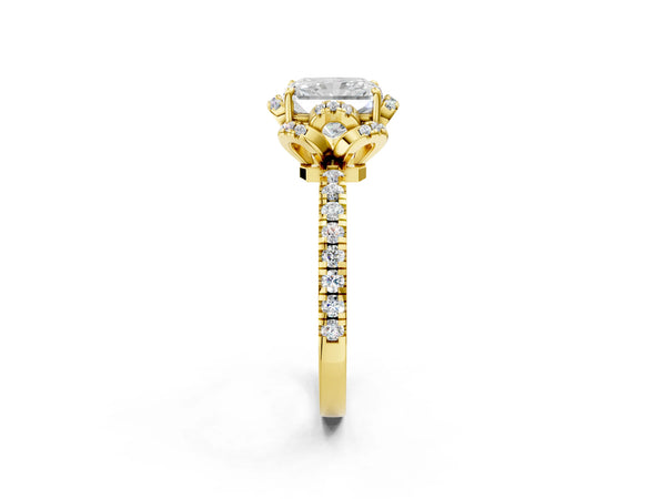Yellow Gold Radiant Cut Four Petal Floral Halo Engagement Ring Setting