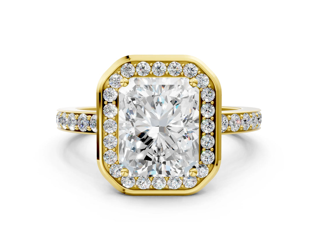 Yellow gold Radiant Cut Diamond Halo Ring with Bezel Frame and Pavé Band_3