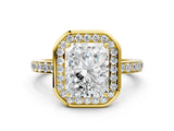 Yellow gold Radiant Cut Diamond Halo Ring with Bezel Frame and Pavé Band_3
