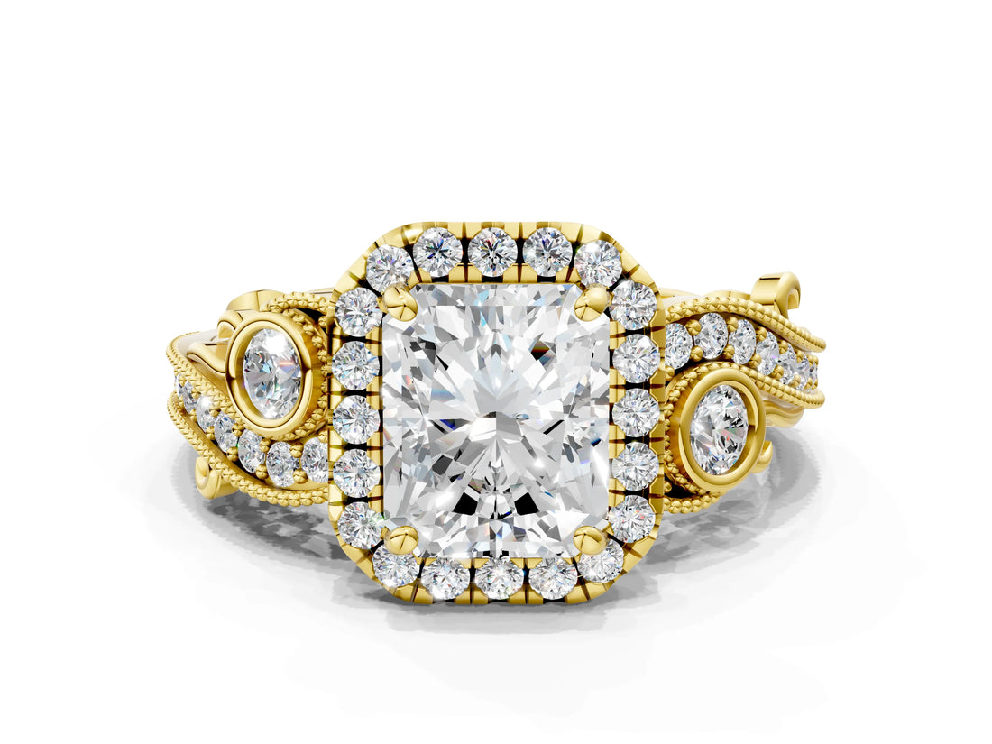 Yellow gold Radiant Cut Diamond Halo Ring with Milgrain Pavé Band and Four-Prong Setting_56