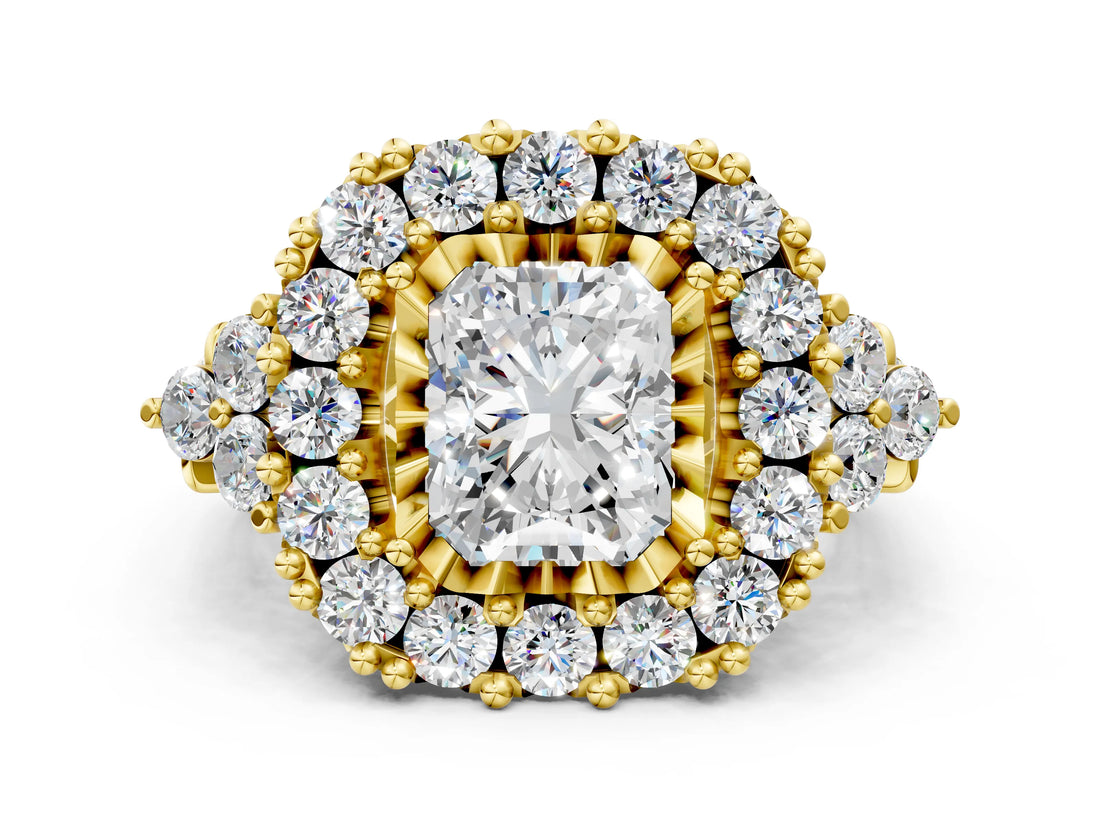 Yellow gold Radiant Cut Diamond Halo Ring with Pavé Band and Four-Prong Setting_41
