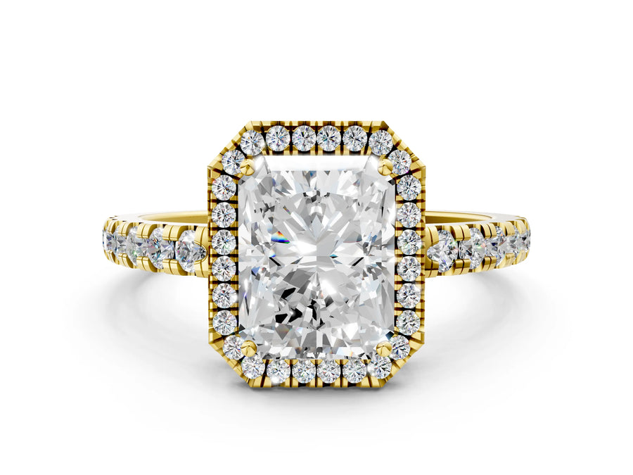 Yellow gold Radiant Cut Diamond Halo Ring with Pavé Band and Four-Prong Setting