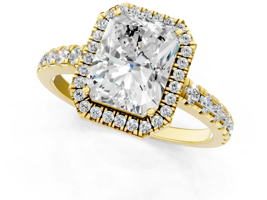Yellow gold Radiant Cut Diamond Halo Ring with Pavé Band and Four-Prong Setting
