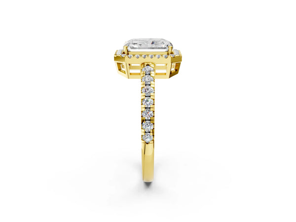 Yellow gold Radiant Cut Diamond Halo Ring with Pavé Band and Four-Prong Setting