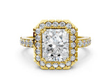 Yellow gold Radiant Cut Diamond Halo Ring with Pavé Band and Prong Setting_7