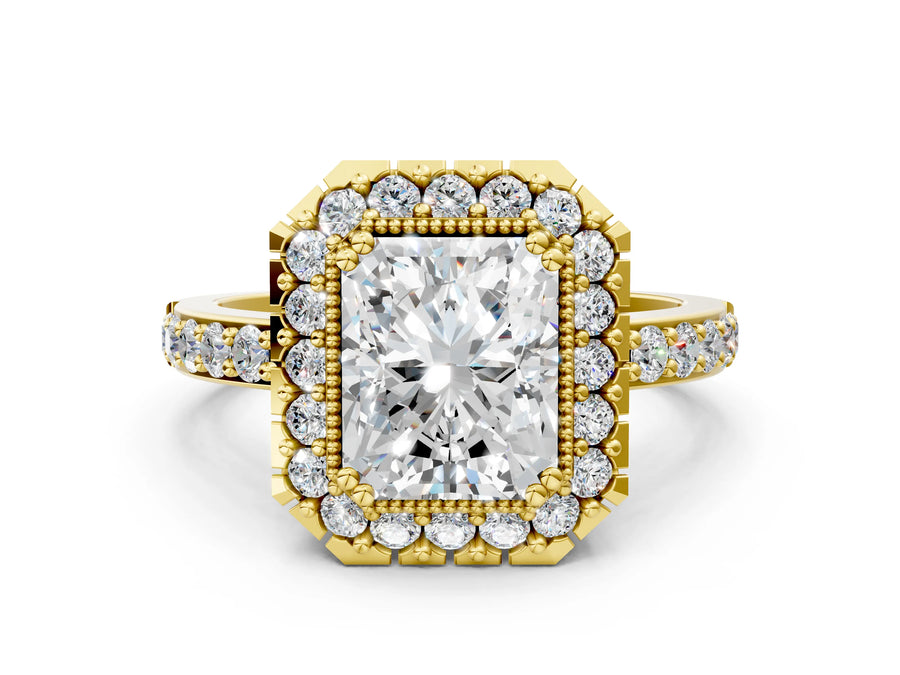 Yellow gold Radiant Cut Diamond Halo Ring with Pavé Band and Prong Setting