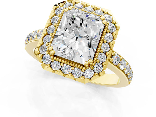 Yellow gold Radiant Cut Diamond Halo Ring with Pavé Band and Prong Setting