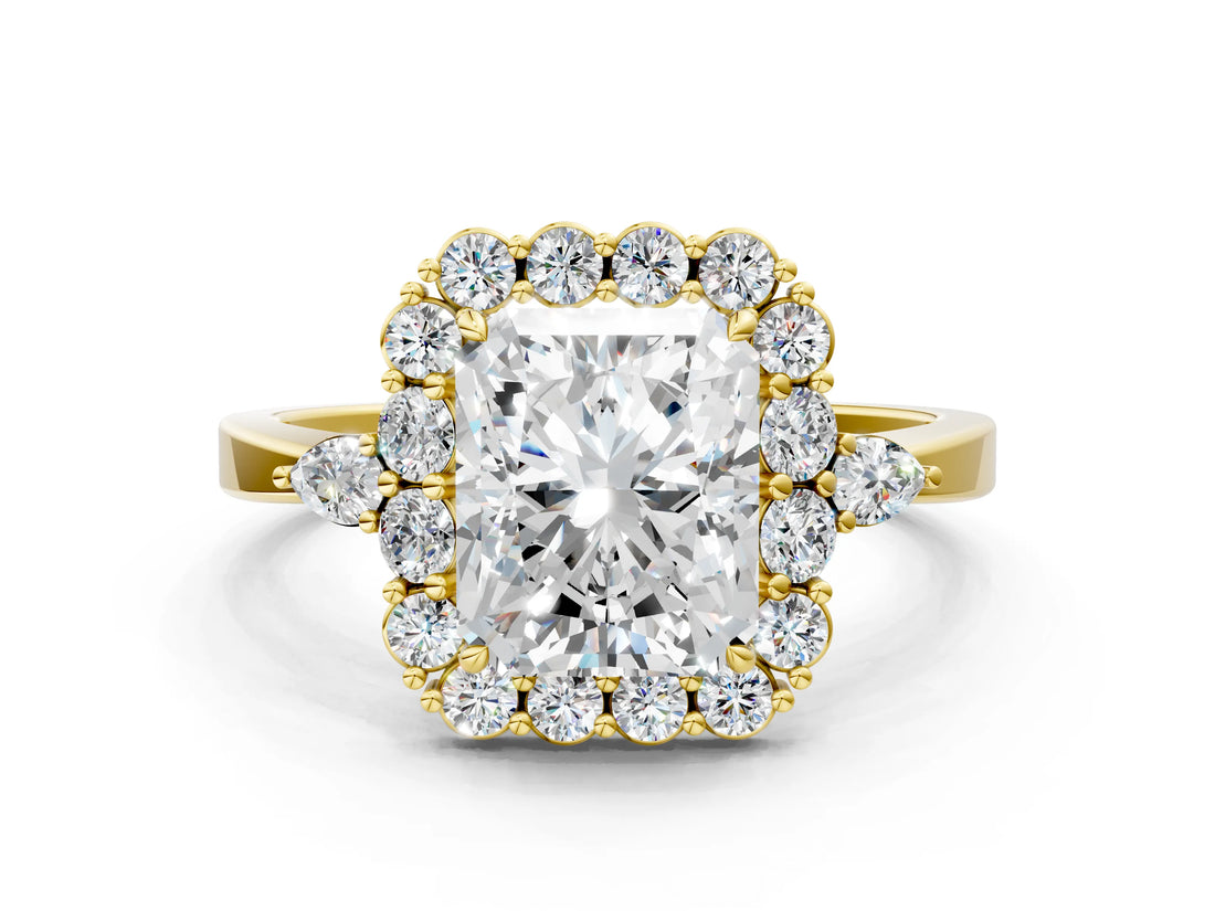 Yellow gold Radiant Cut Diamond Halo Ring with Pear Side Stones and Prong Setting_73