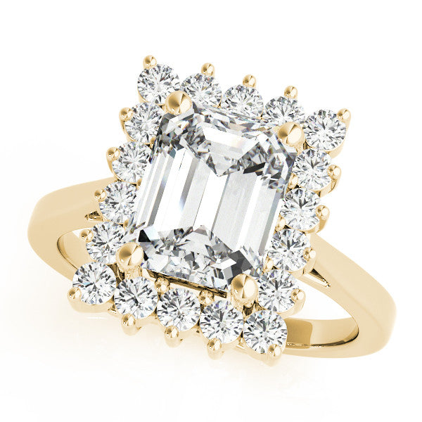 Yellow gold Radiant Cut Diamond Halo Ring with Round Brilliant Halo and Solitaire Band 1