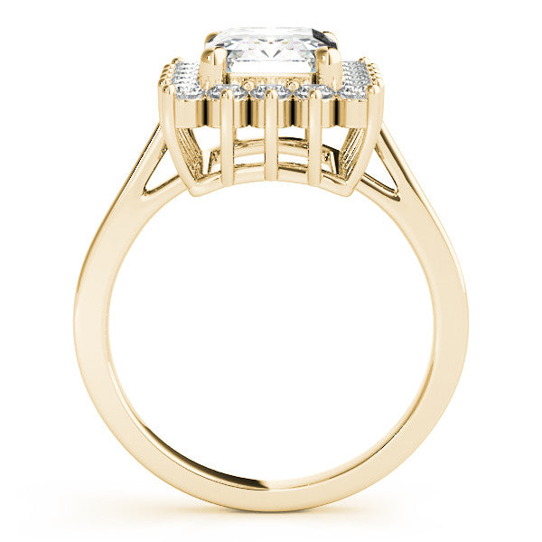 Yellow gold Radiant Cut Diamond Halo Ring with Round Brilliant Halo and Solitaire Band