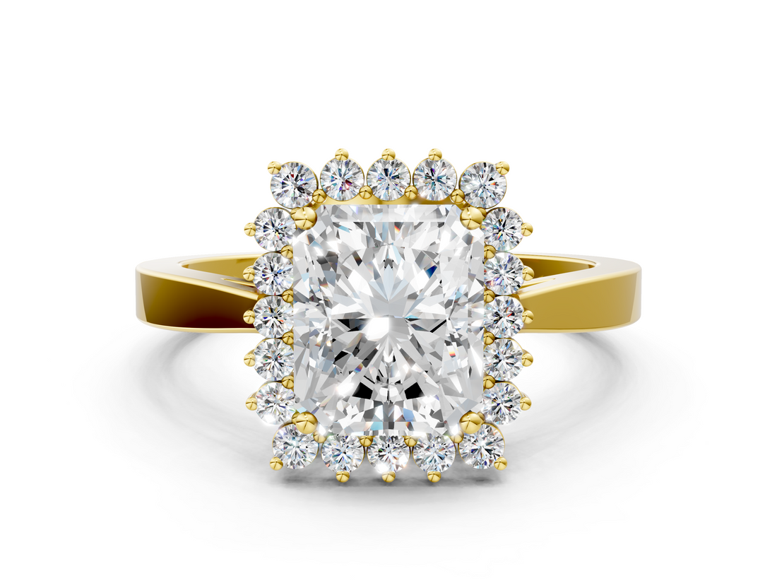 Yellow gold Radiant Cut Diamond Halo Ring with Round Brilliant Halo and Solitaire Band_100