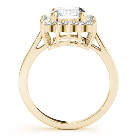 Yellow gold Radiant Cut Diamond Halo Ring with Round Brilliant Halo and Solitaire Band