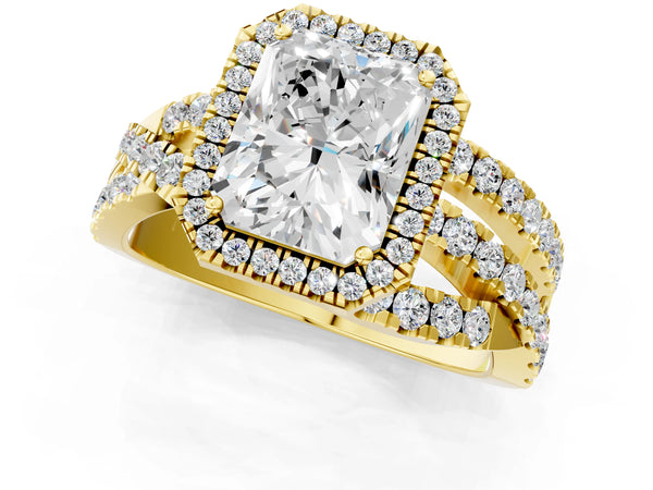 Yellow gold Radiant Cut Diamond Halo Ring with Round Split Shank and Prong Setting