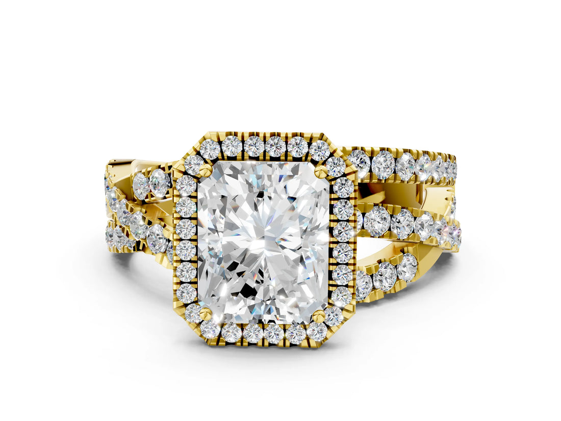 Yellow gold Radiant Cut Diamond Halo Ring with Round Split Shank and Prong Setting_36