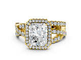 Yellow gold Radiant Cut Diamond Halo Ring with Round Split Shank and Prong Setting_36