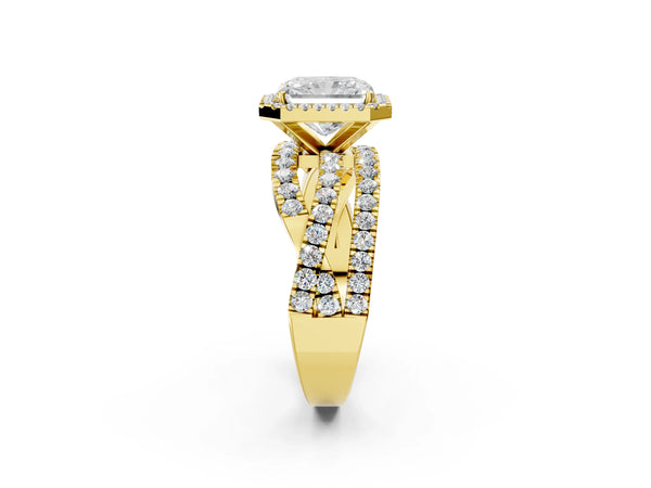 Yellow gold Radiant Cut Diamond Halo Ring with Round Split Shank and Prong Setting