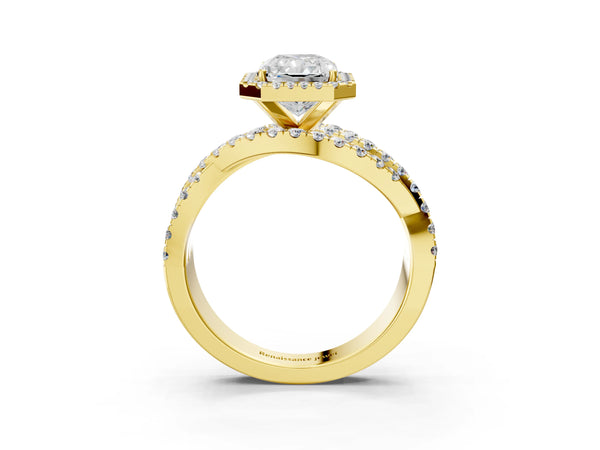 Yellow gold Radiant Cut Diamond Halo Ring with Round Split Shank and Prong Setting