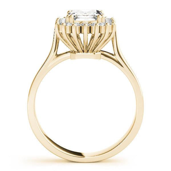 Yellow gold Radiant Cut Diamond Halo Ring with Solitaire Band and Prong Setting