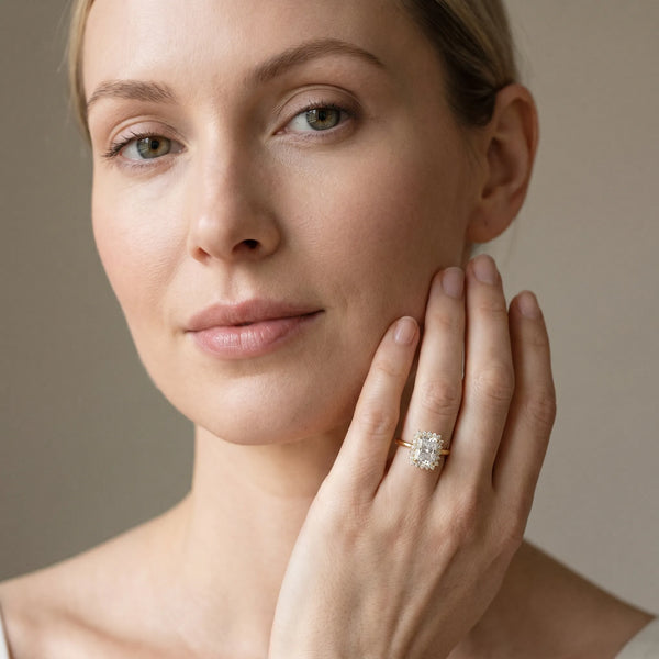 Yellow gold Radiant Cut Diamond Halo Ring with Solitaire Band and Prong Setting