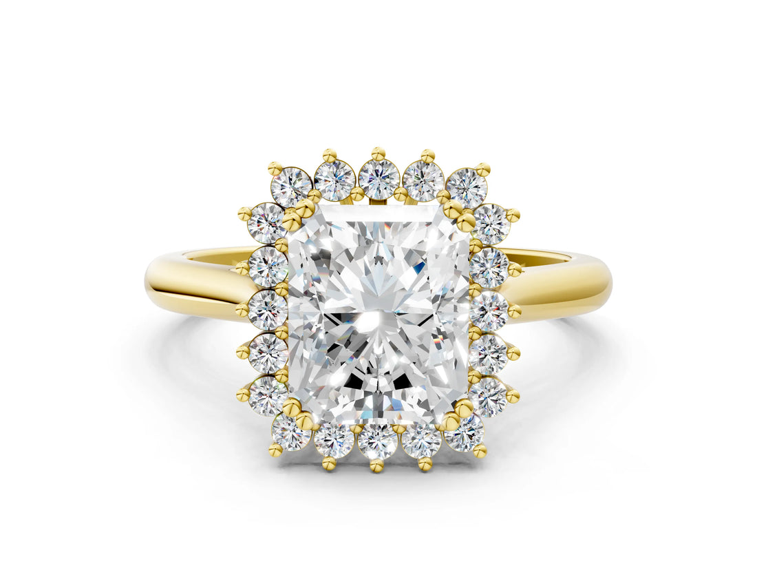 Yellow gold Radiant Cut Diamond Halo Ring with Solitaire Band and Prong Setting_66