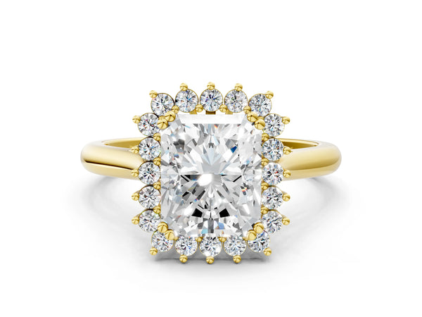 Yellow gold Radiant Cut Diamond Halo Ring with Solitaire Band and Prong Setting