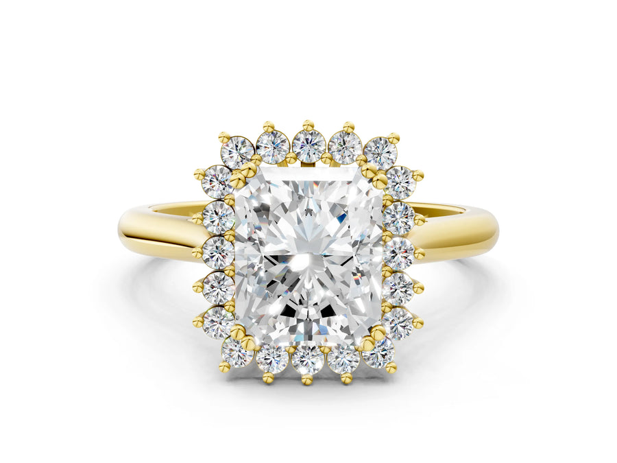 Yellow gold Radiant Cut Diamond Halo Ring with Solitaire Band and Prong Setting