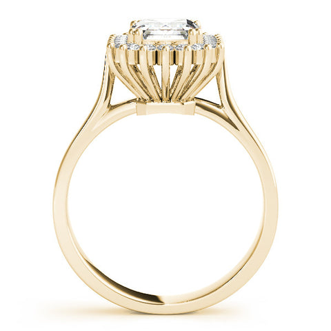 Yellow gold Radiant Cut Diamond Halo Ring with Solitaire Band and Prong Setting