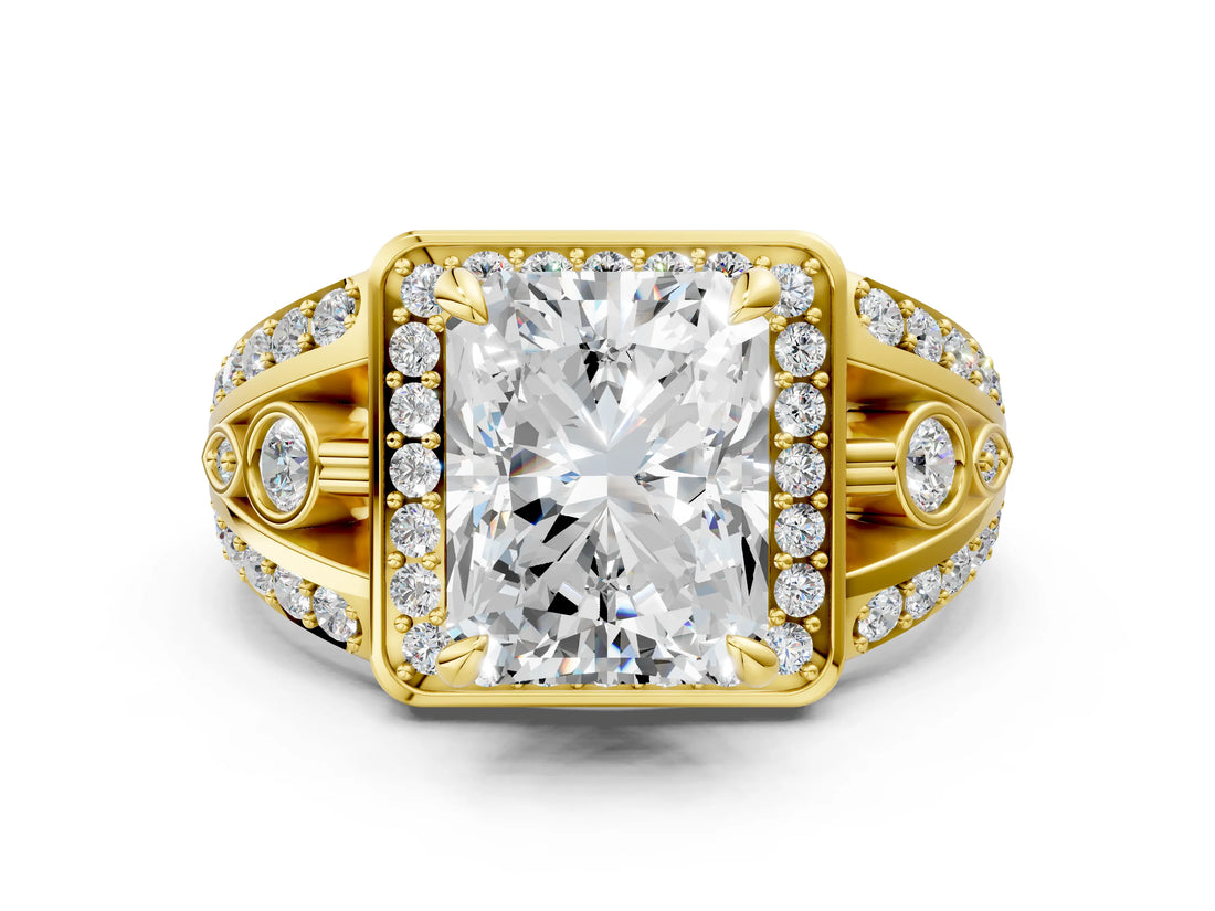 Yellow gold Radiant Cut Diamond Halo Ring with Split Shank and Bezel Accents and Four-Prong Setting_13