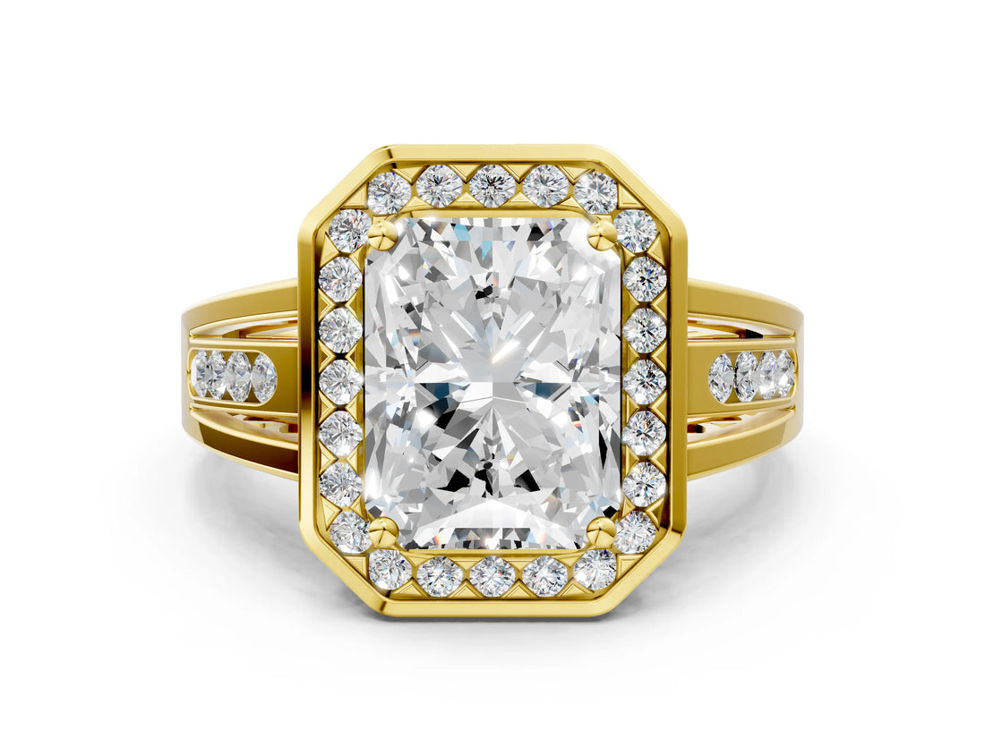 Yellow gold Radiant Cut Diamond Halo Ring with Split Shank and Bezel Accents and Prong Setting_10