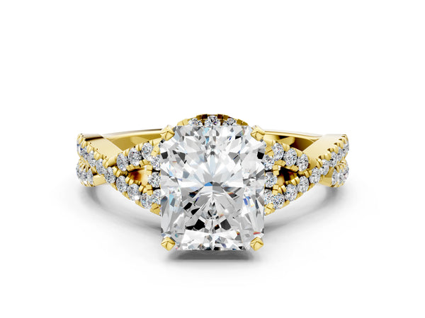 Yellow gold Radiant Cut Diamond  Halo Twist Band Solitaire Prong Setting Ring
