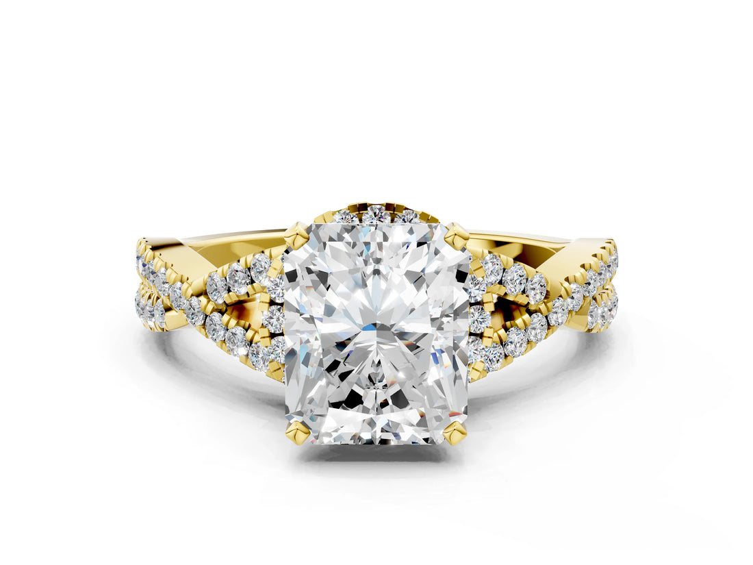Yellow gold Radiant Cut Diamond  Halo Twist Band Solitaire Prong Setting Ring_82