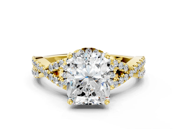 Yellow gold Radiant Cut Diamond  Halo Twist Band Solitaire Prong Setting Ring