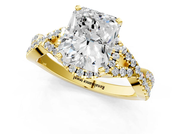 Yellow gold Radiant Cut Diamond  Halo Twist Band Solitaire Prong Setting Ring