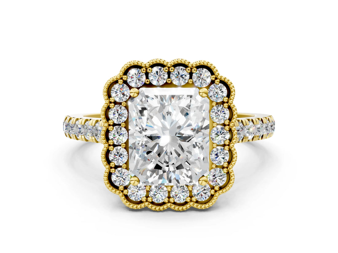 Yellow gold Radiant Cut Diamond Milgrain Floral Halo Engagement Ring with Pavé Band_21