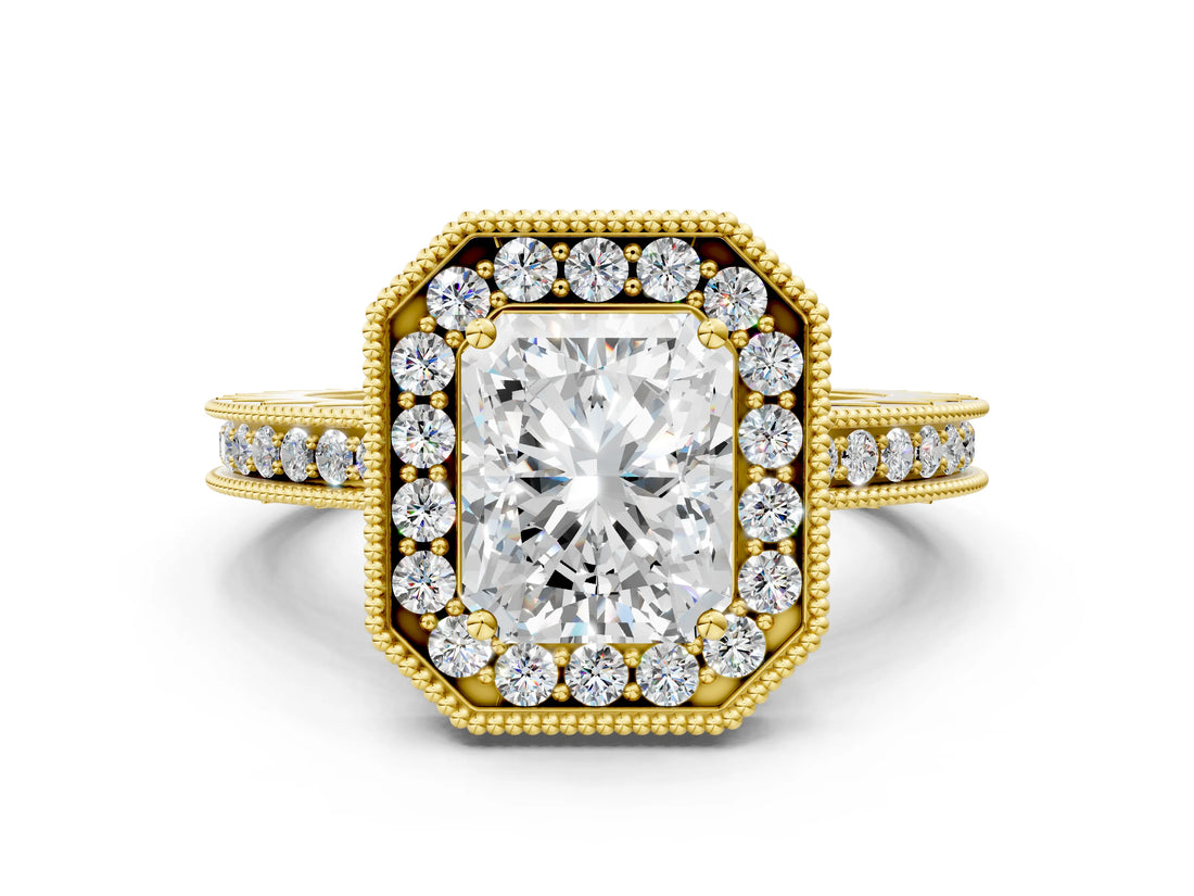 Yellow gold Radiant Cut Diamond Milgrain Halo Engagement Ring with Round Pavé Band and Prong Setting_18
