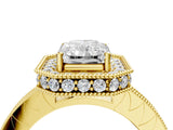 Yellow gold Radiant Cut Diamond Milgrain Halo Engagement Ring with Round Pavé Band and Prong Setting_22