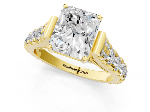 Yellow gold Radiant Cut Diamond Classic Solitaire Ring with Pavé Band and Four-Prong Setting
